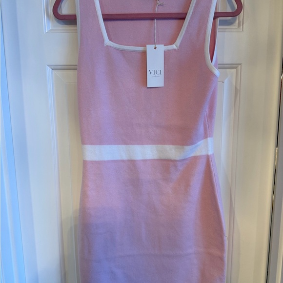 VICI Brand Cecily Pink and White Mini Dress with Matching Cardigan - Picture 2 of 7